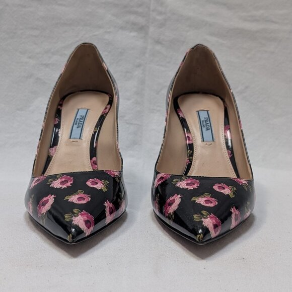 Prada Patent Leather Black with Pink Rose Floral Pumps Heels Size 38 US 8 New - Picture 7 of 8